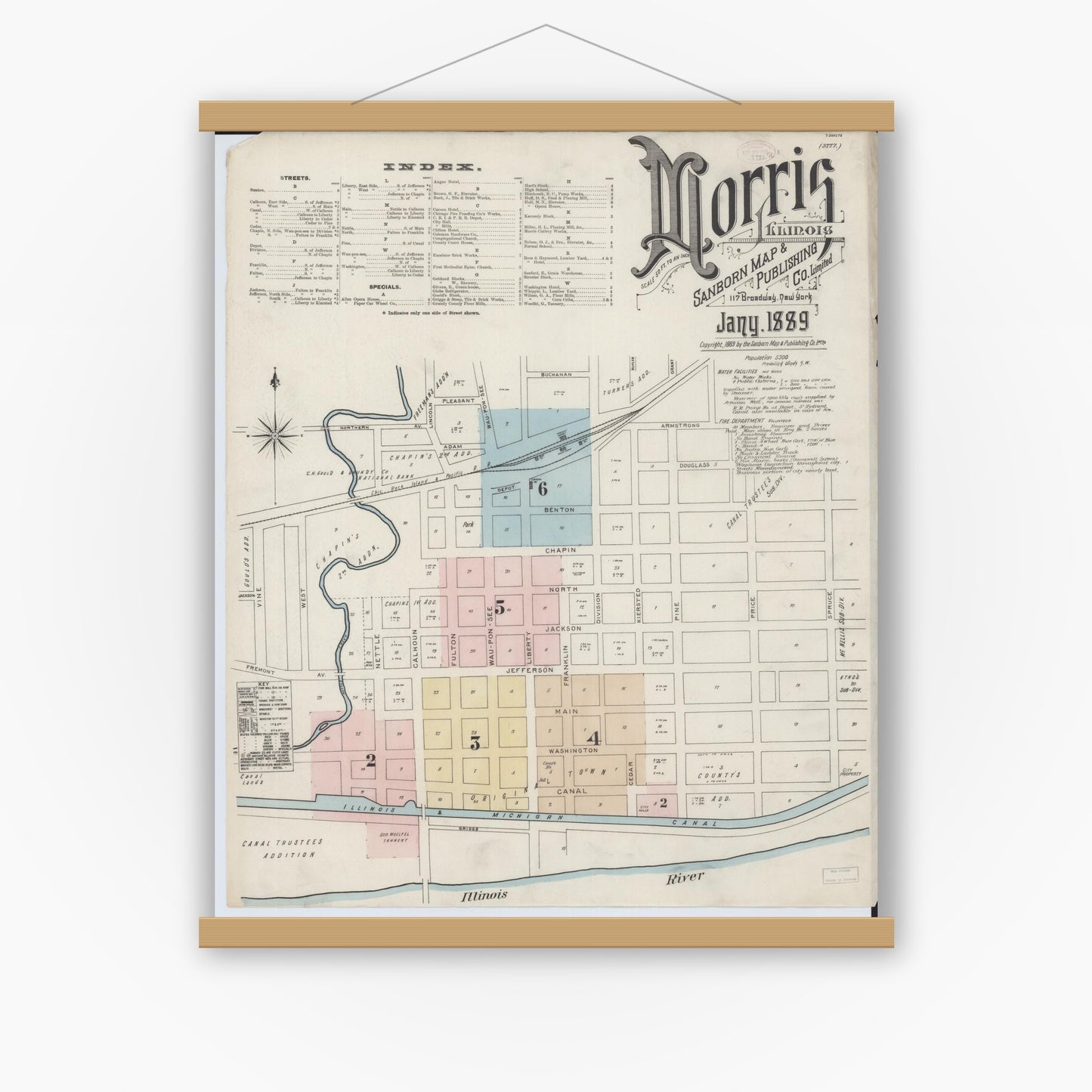 Old map wall art mockup — magnetic wood frame on white wall — Sanborn Fire Insurance Map from Morris, Grundy County, Illinois (1889) - Complete Map Set