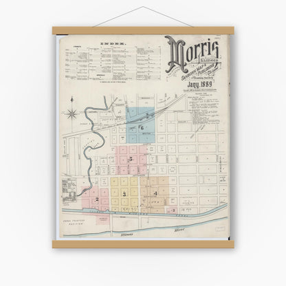 Old map wall art mockup — magnetic wood frame on white wall — Sanborn Fire Insurance Map from Morris, Grundy County, Illinois (1889) - Complete Map Set