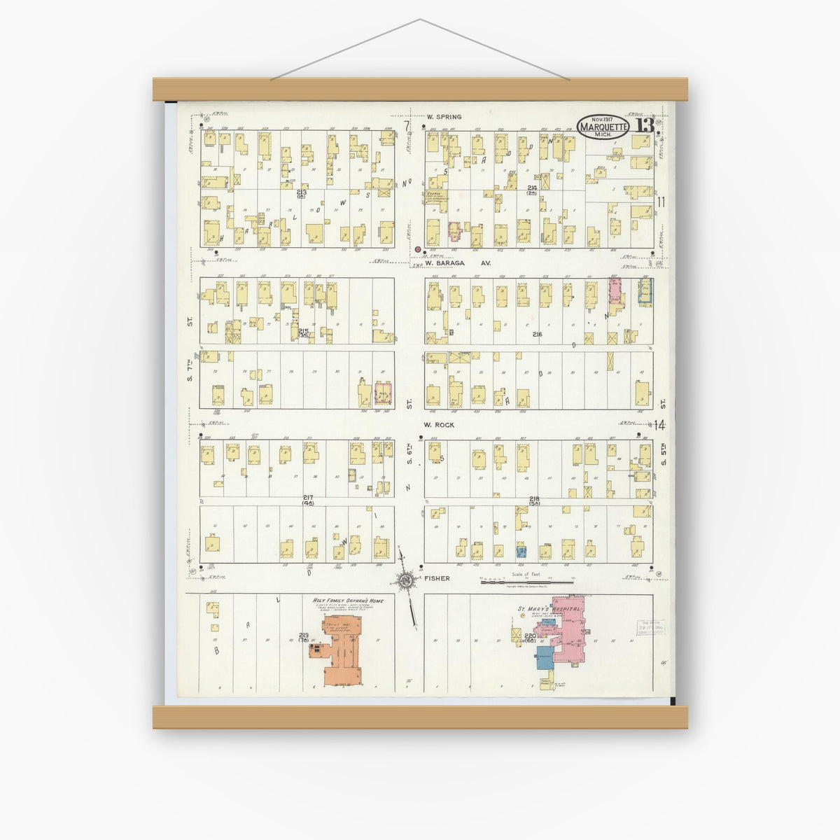 Old map wall art mockup — magnetic wood frame on white wall — Sanborn Fire Insurance Map from Marquette, Marquette County, Michigan (1917), Sheet #0013