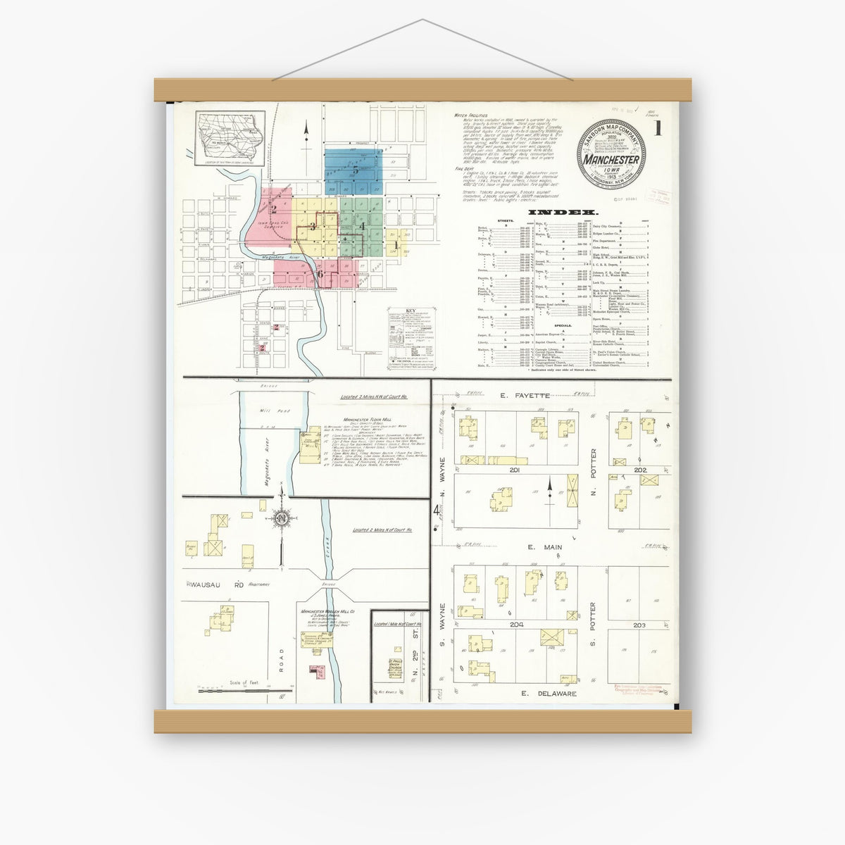 Old map wall art mockup — magnetic wood frame on white wall — Sanborn Fire Insurance Map from Manchester, Delaware County, Iowa (1913) â€” Complete Set