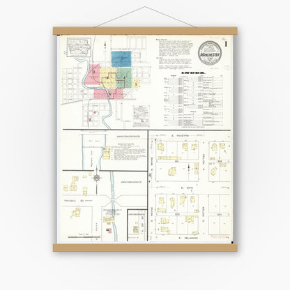 Old map wall art mockup — magnetic wood frame on white wall — Sanborn Fire Insurance Map from Manchester, Delaware County, Iowa (1913) â€” Complete Set