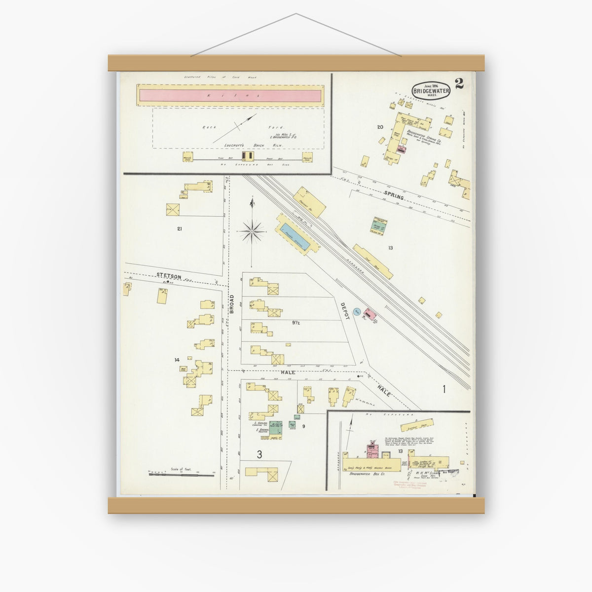 Old map wall art mockup — magnetic wood frame on white wall — Sanborn Fire Insurance Map from Bridgewater, Plymouth County, Massachusetts (1896), Sheet #0002