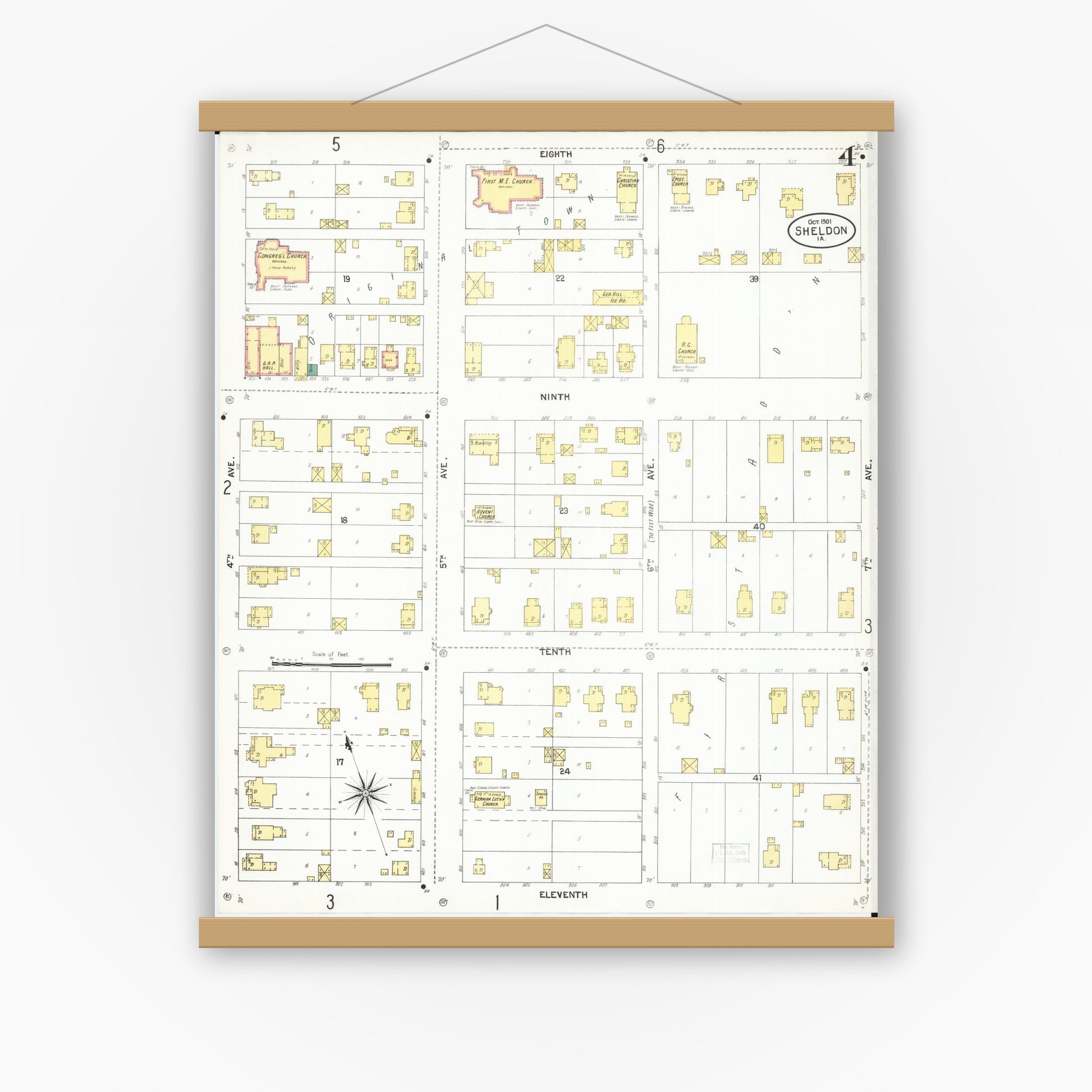 Old map wall art mockup — magnetic wood frame on white wall — Sanborn Fire Insurance Map from Sheldon, O'Brien County, Iowa (1901), Sheet #0004