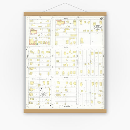Old map wall art mockup — magnetic wood frame on white wall — Sanborn Fire Insurance Map from Sheldon, O'Brien County, Iowa (1901), Sheet #0004