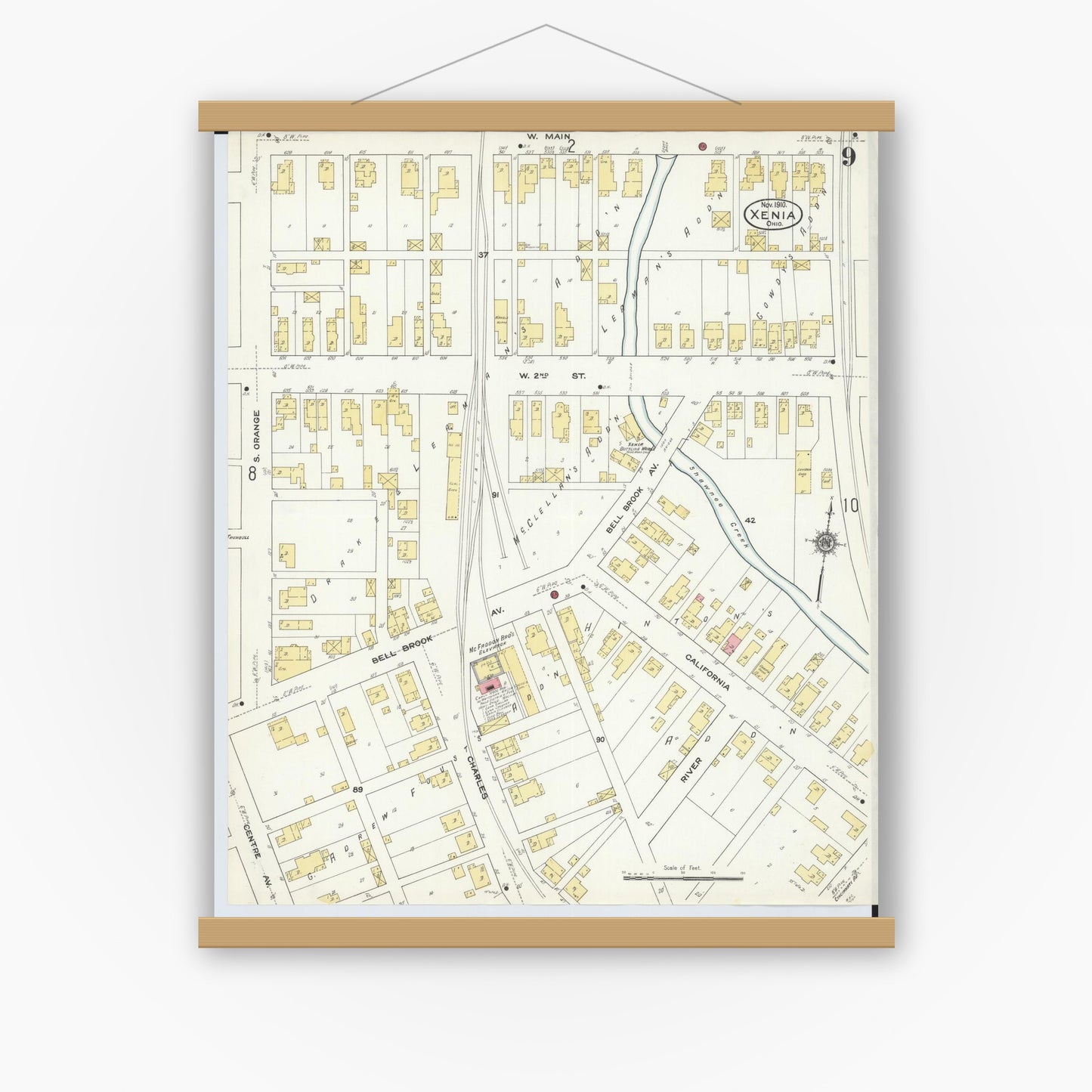 Old map wall art mockup — magnetic wood frame on white wall — Sanborn Fire Insurance Map from Xenia, Greene County, Ohio (1910), Sheet #0009