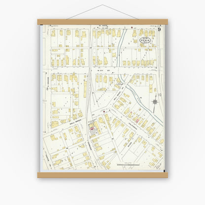 Old map wall art mockup — magnetic wood frame on white wall — Sanborn Fire Insurance Map from Xenia, Greene County, Ohio (1910), Sheet #0009
