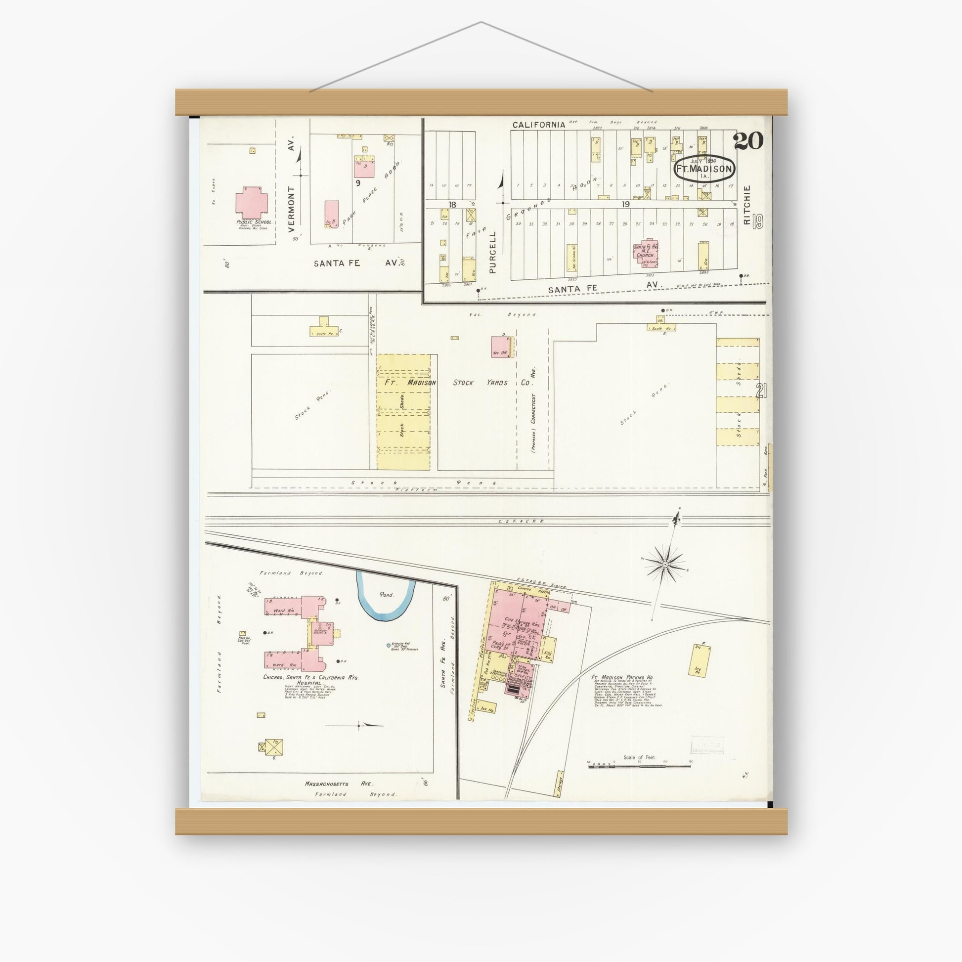 Old map wall art mockup — magnetic wood frame on white wall — Sanborn Fire Insurance Map from Fort Madison, Lee County, Iowa (1894), Sheet #0020