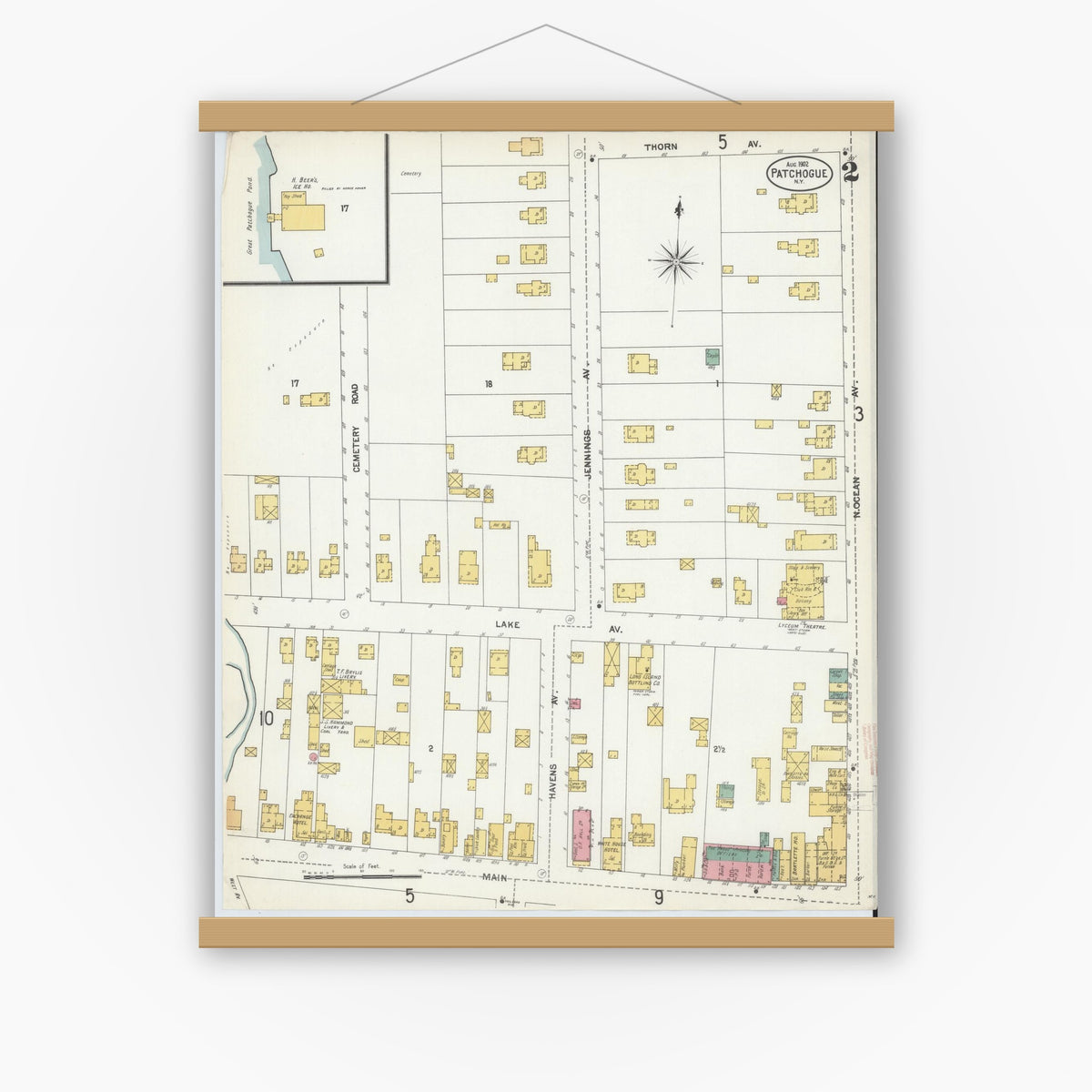 Old map wall art mockup — magnetic wood frame on white wall — Sanborn Fire Insurance Map from Patchogue, Suffolk County, New York (1902) - Complete Map Set