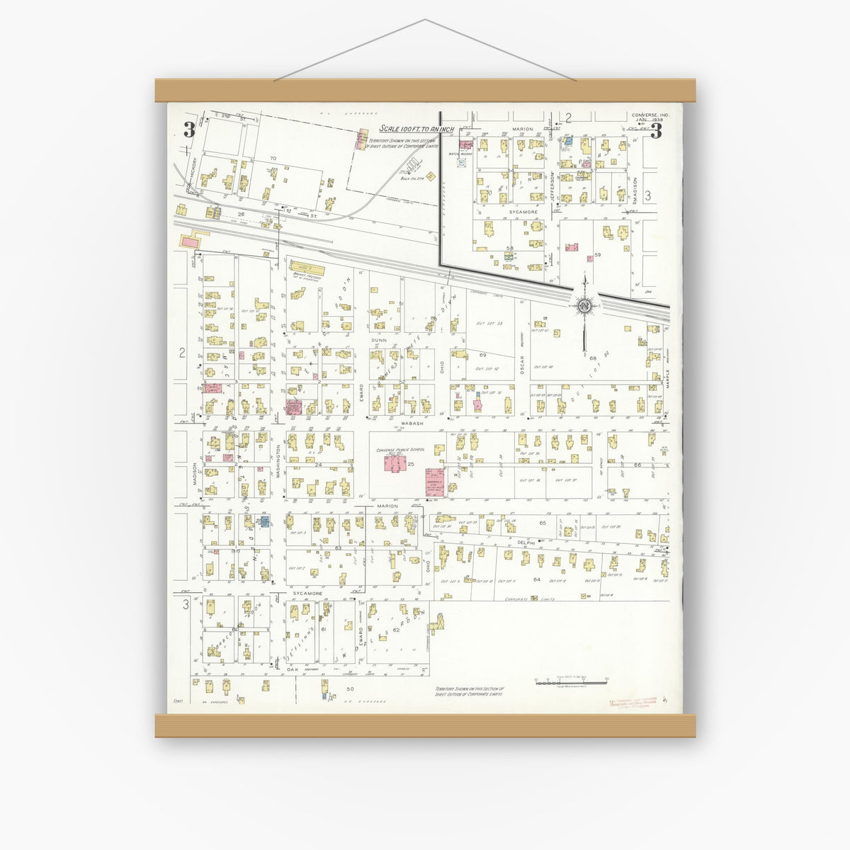Old map wall art mockup — magnetic wood frame on white wall — Sanborn Fire Insurance Map from Converse, Miami County, Indiana (1938), Sheet #0003