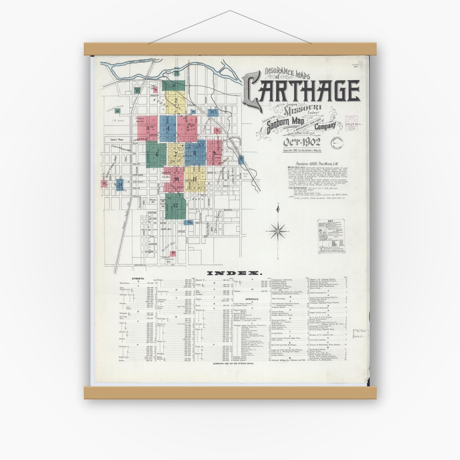 Old map wall art mockup — magnetic wood frame on white wall — Sanborn Fire Insurance Map from Carthage, Jasper County, Missouri (1902) - Complete Map Set