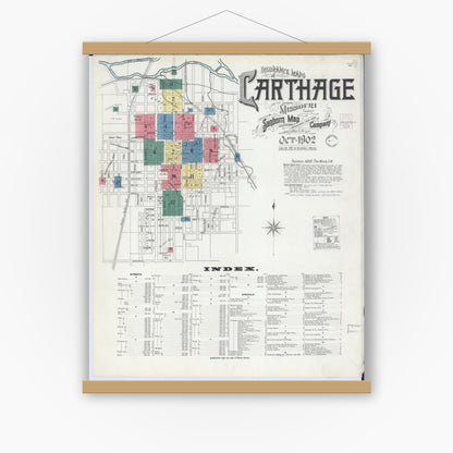 Old map wall art mockup — magnetic wood frame on white wall — Sanborn Fire Insurance Map from Carthage, Jasper County, Missouri (1902) - Complete Map Set