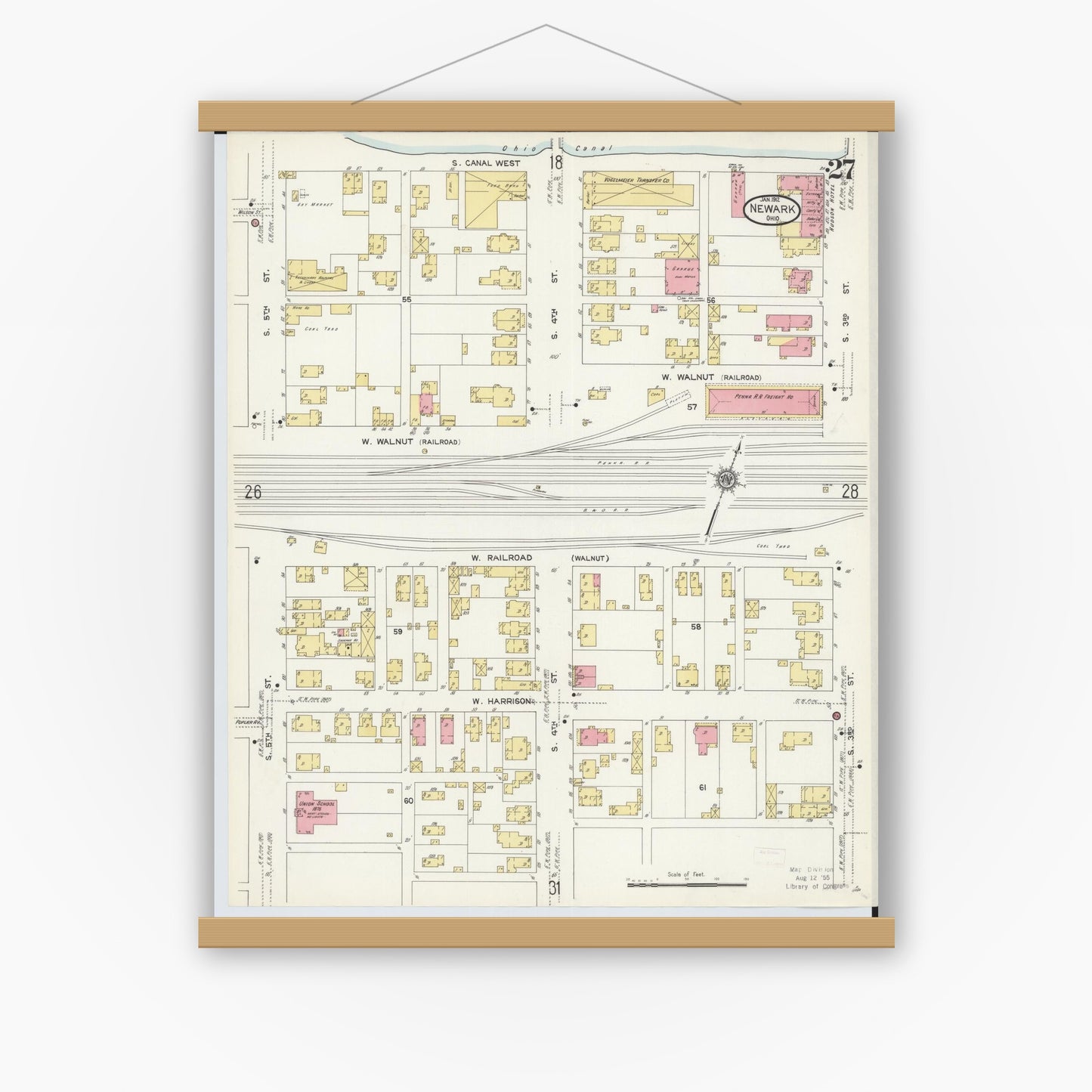 Old map wall art mockup — magnetic wood frame on white wall — Sanborn Fire Insurance Map from Newark, Licking County, Ohio (1912), Sheet #0027