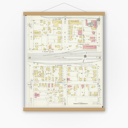 Old map wall art mockup — magnetic wood frame on white wall — Sanborn Fire Insurance Map from Newark, Licking County, Ohio (1912), Sheet #0027