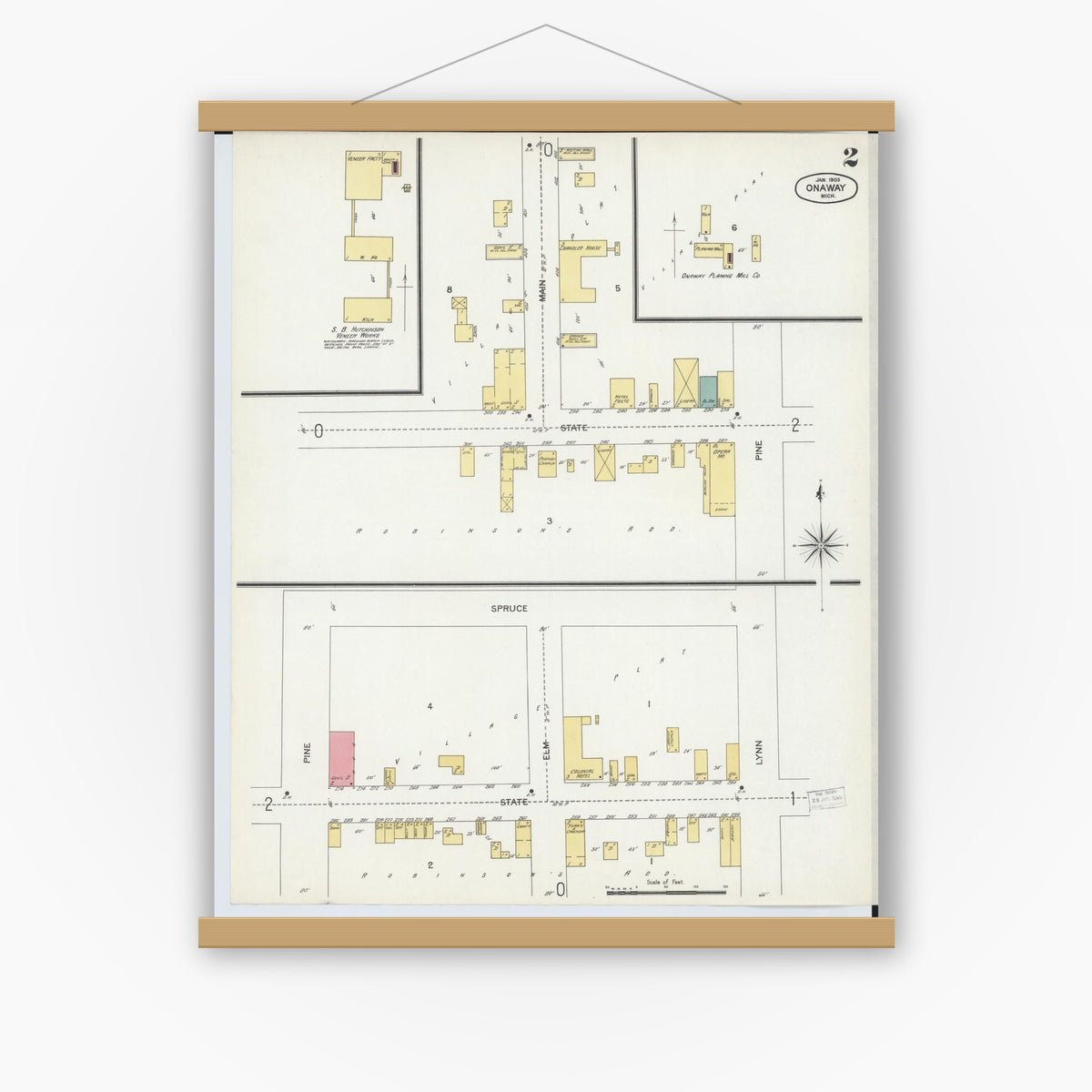 Old map wall art mockup — magnetic wood frame on white wall — Sanborn Fire Insurance Map from Onaway, Presque Isle County, Michigan (1903), Sheet #0002