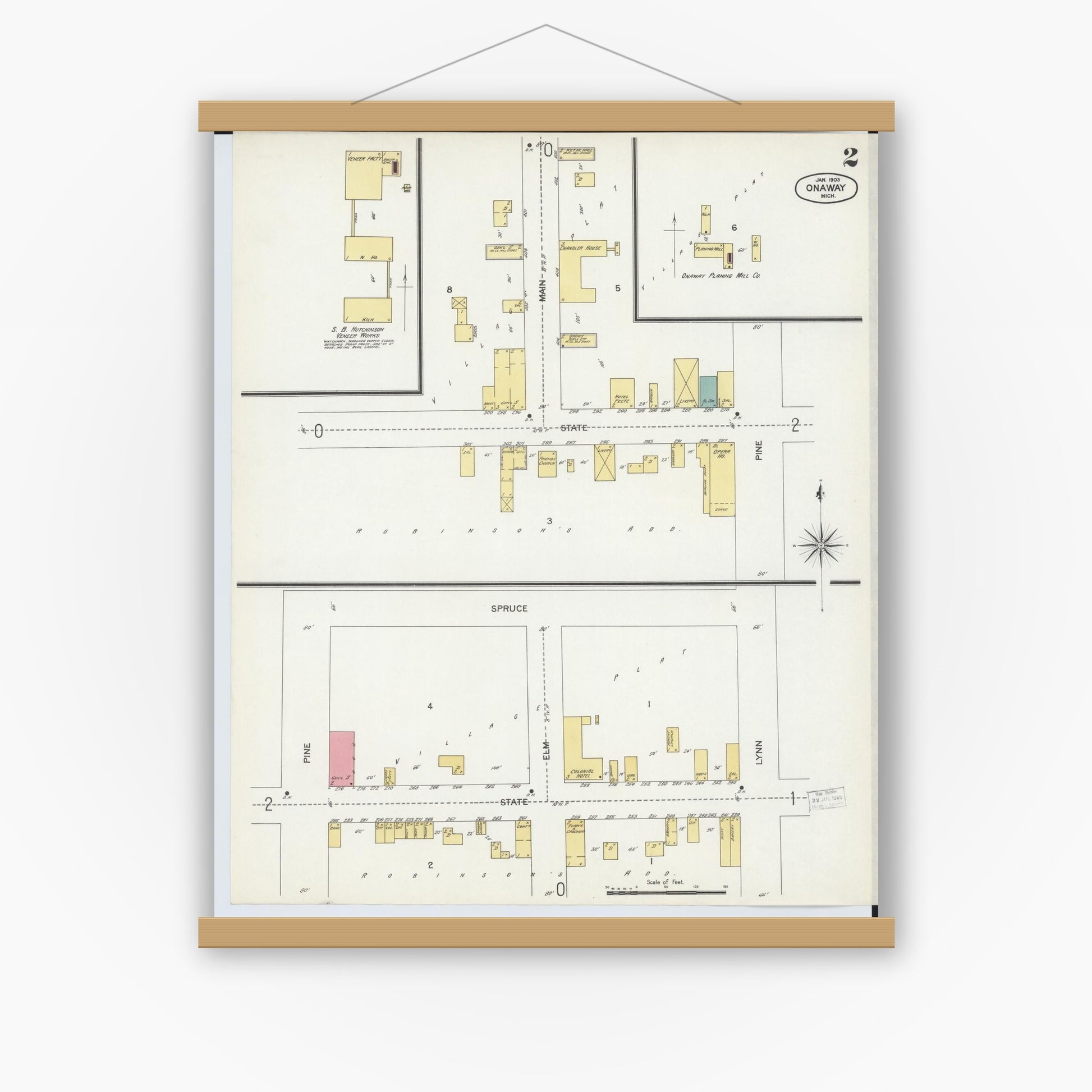Old map wall art mockup — magnetic wood frame on white wall — Sanborn Fire Insurance Map from Onaway, Presque Isle County, Michigan (1903), Sheet #0002