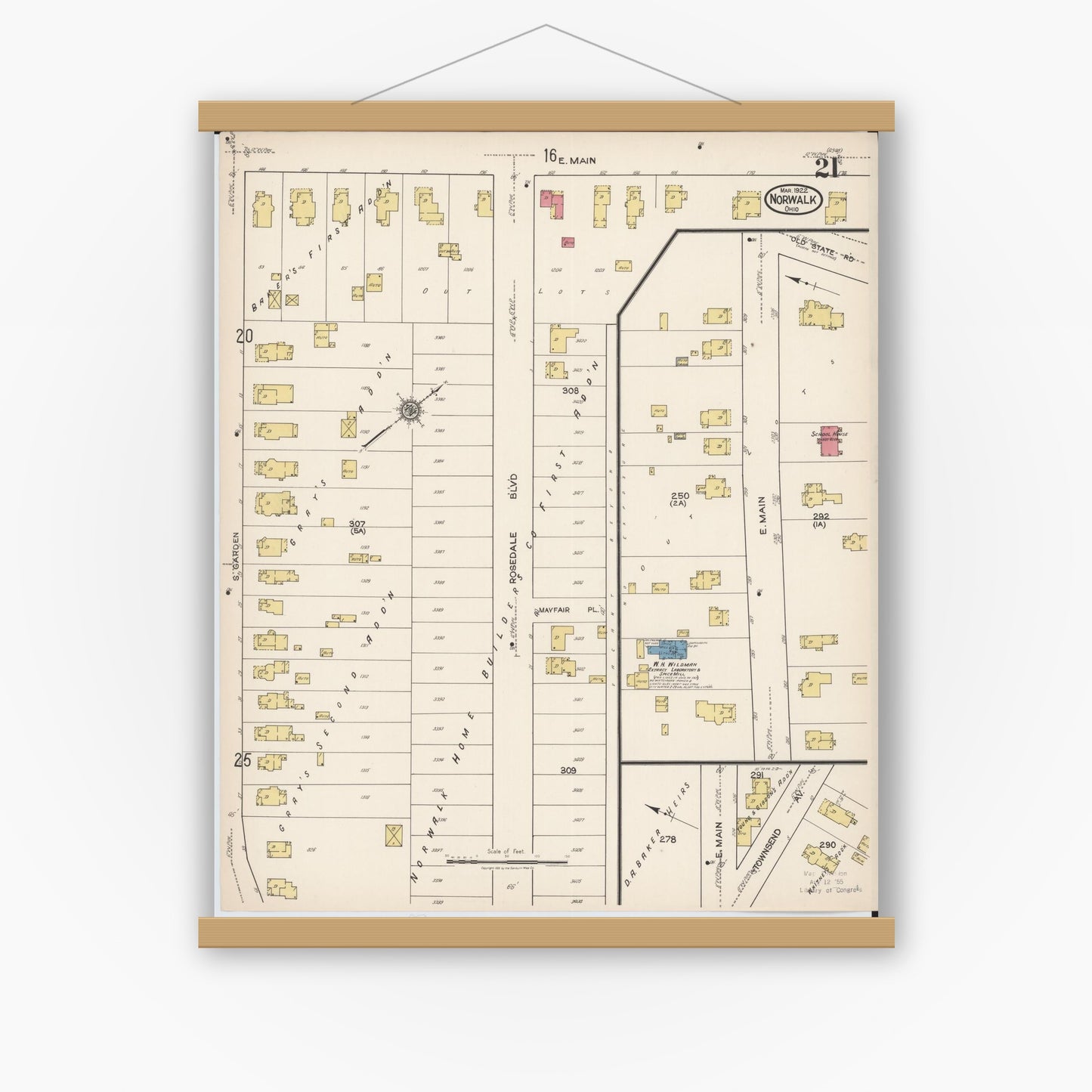 Old map wall art mockup — magnetic wood frame on white wall — Sanborn Fire Insurance Map from Norwalk, Huron County, Ohio (1922), Sheet #0021