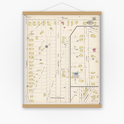 Old map wall art mockup — magnetic wood frame on white wall — Sanborn Fire Insurance Map from Norwalk, Huron County, Ohio (1922), Sheet #0021