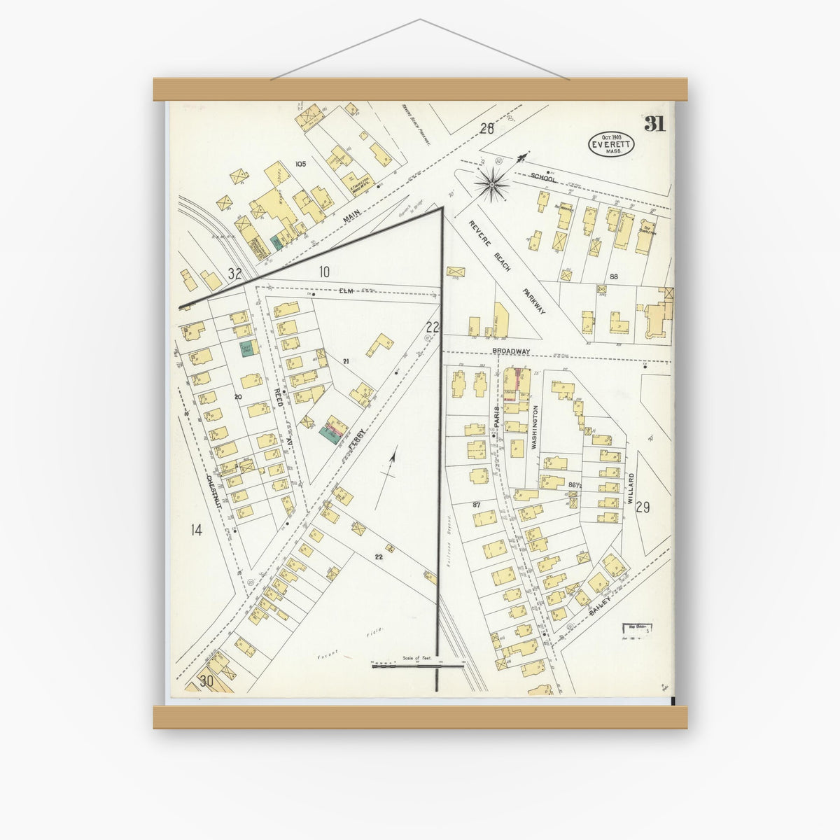 Old map wall art mockup — magnetic wood frame on white wall — Sanborn Fire Insurance Map from Everett, Middlesex County, Massachusetts (1903), Sheet #0031