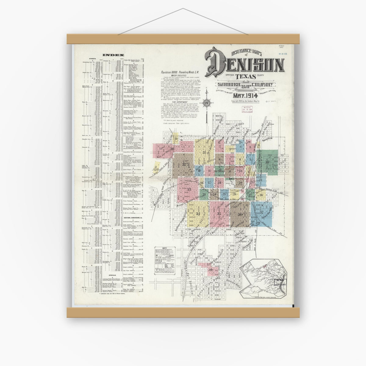 Old map wall art mockup — magnetic wood frame on white wall — Sanborn Fire Insurance Map from Denison, Grayson County, Texas (1914) - Complete Map Set