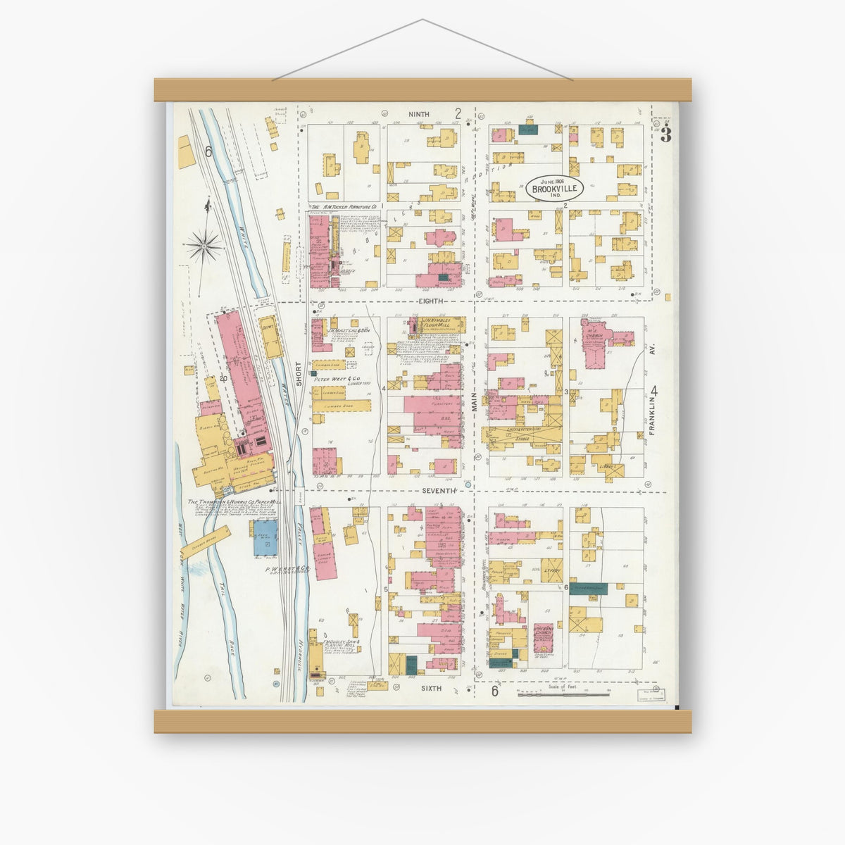 Old map wall art mockup — magnetic wood frame on white wall — Sanborn Fire Insurance Map from Brookville, Franklin County, Indiana (1906), Sheet #0003