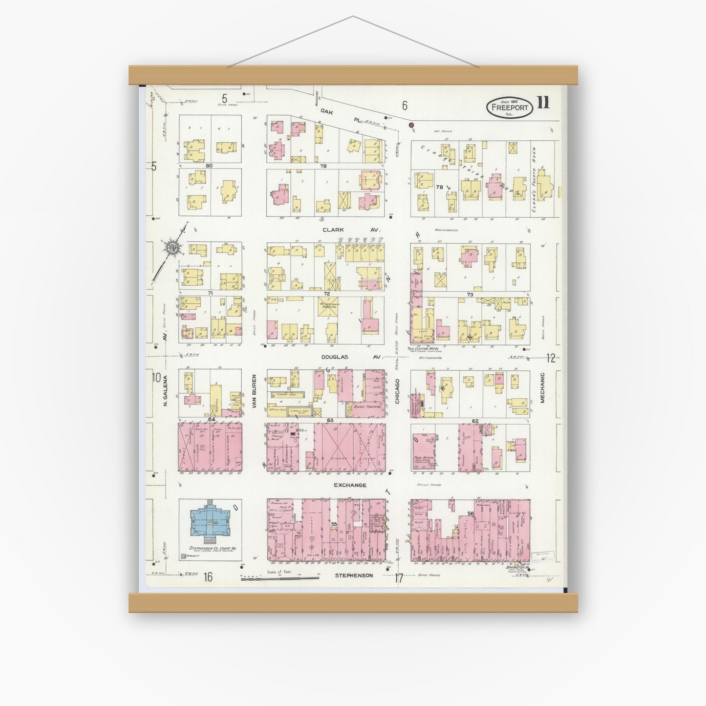 Old map wall art mockup — magnetic wood frame on white wall — Sanborn Fire Insurance Map from Freeport, Stephenson County, Illinois (1910), Sheet #0011