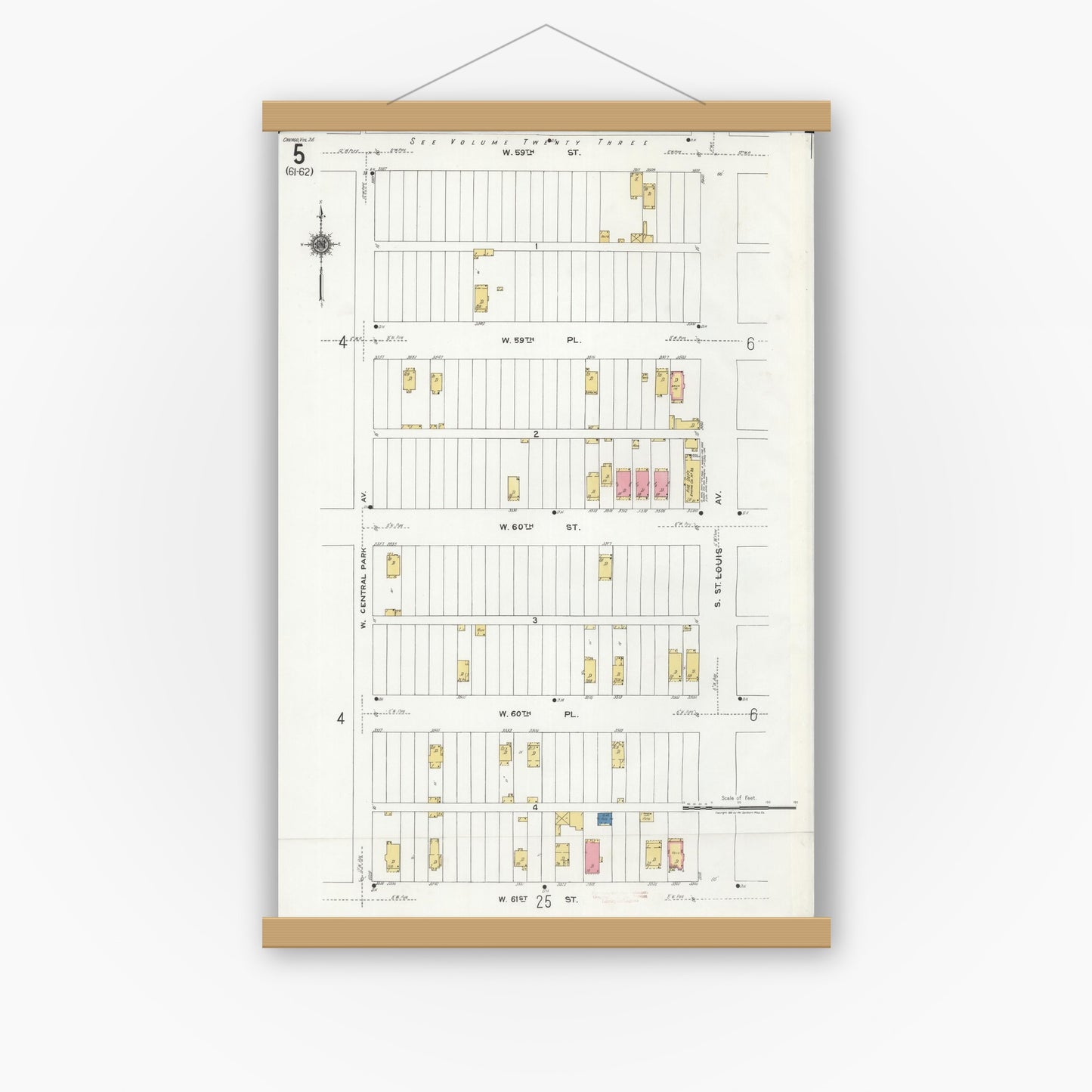 Old map wall art mockup — magnetic wood frame on white wall — Sanborn Fire Insurance Map from Chicago, Cook County, Illinois (1920), Sheet #0005