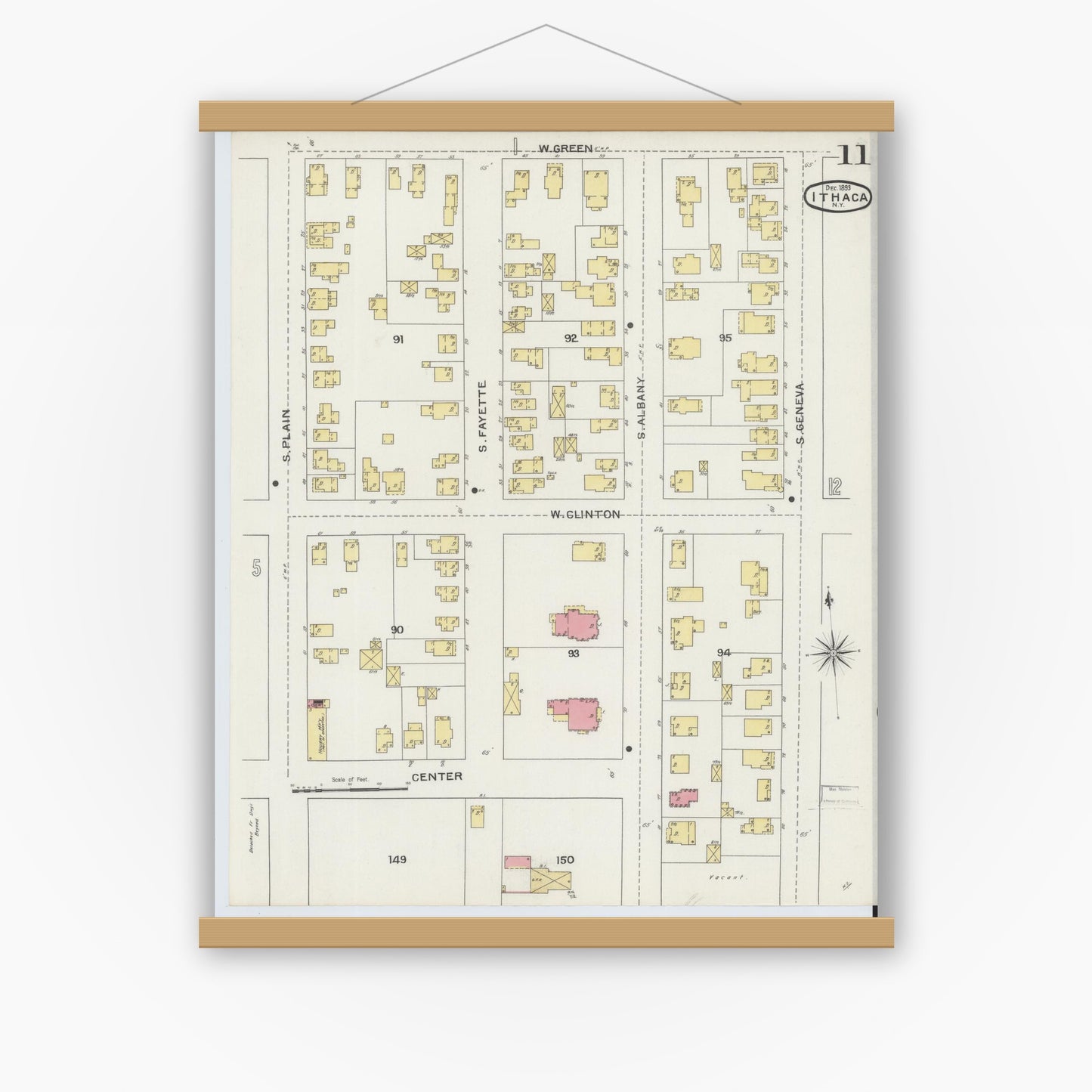 Old map wall art mockup — magnetic wood frame on white wall — Sanborn Fire Insurance Map from Ithaca, Tompkins County, New York (1893), Sheet #0011