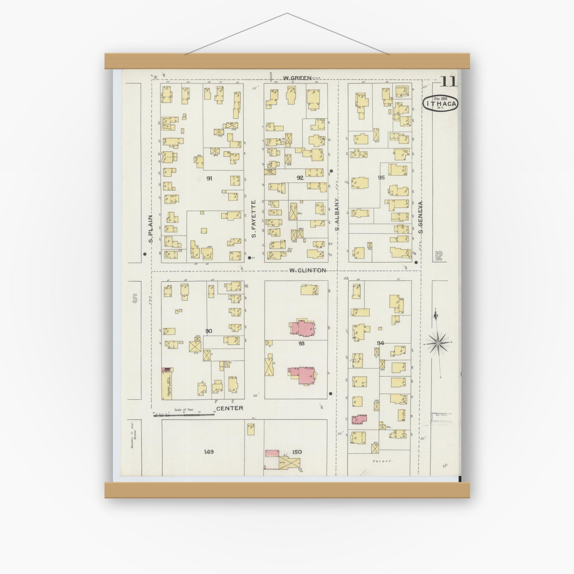 Old map wall art mockup — magnetic wood frame on white wall — Sanborn Fire Insurance Map from Ithaca, Tompkins County, New York (1893), Sheet #0011