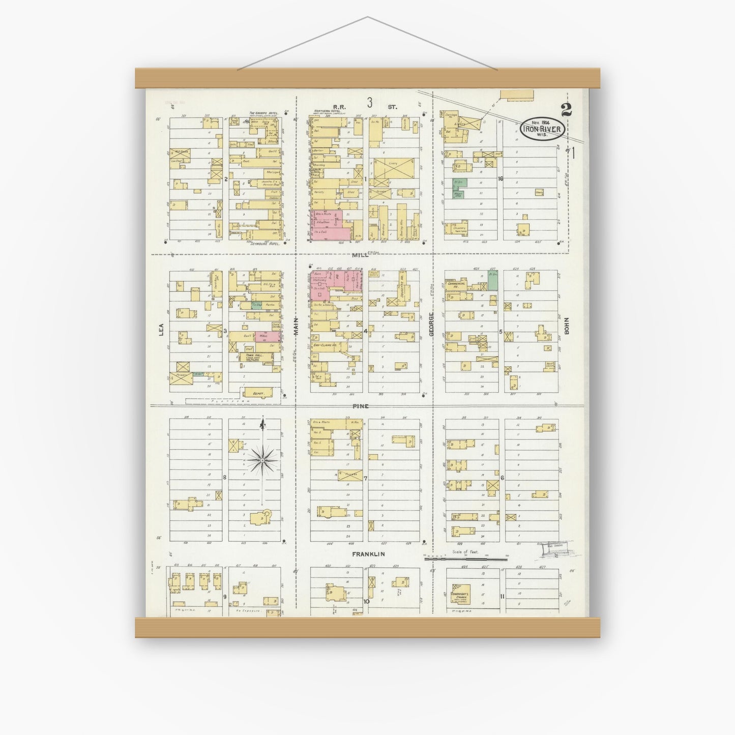 Old map wall art mockup — magnetic wood frame on white wall — Sanborn Fire Insurance Map from Iron River, Bayfield County, Wisconsin (1904), Sheet #0002