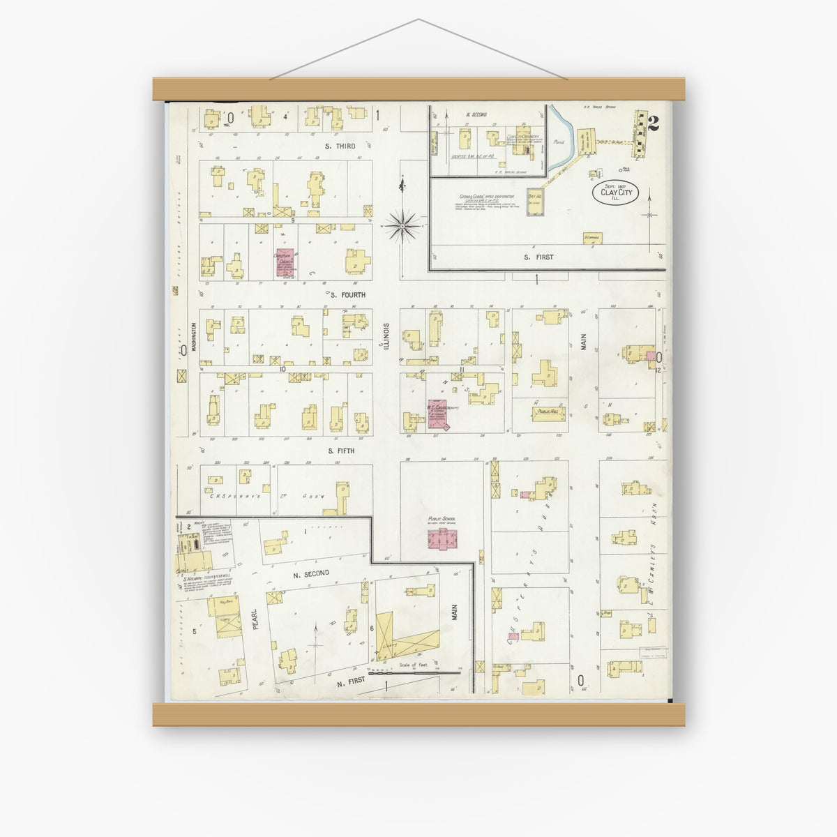 Old map wall art mockup — magnetic wood frame on white wall — Sanborn Fire Insurance Map from Clay City, Clay County, Illinois (1907), Sheet #0002