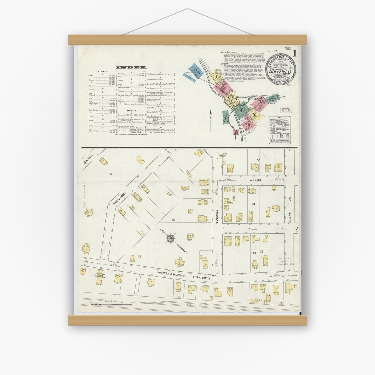 Old map wall art mockup — magnetic wood frame on white wall — Sanborn Fire Insurance Map from Sheffield, Warren County, Pennsylvania (1910) - Complete Map Set