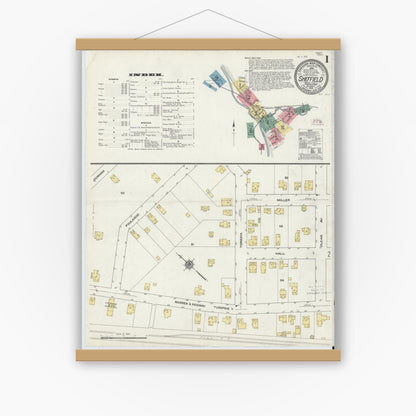 Old map wall art mockup — magnetic wood frame on white wall — Sanborn Fire Insurance Map from Sheffield, Warren County, Pennsylvania (1910) - Complete Map Set