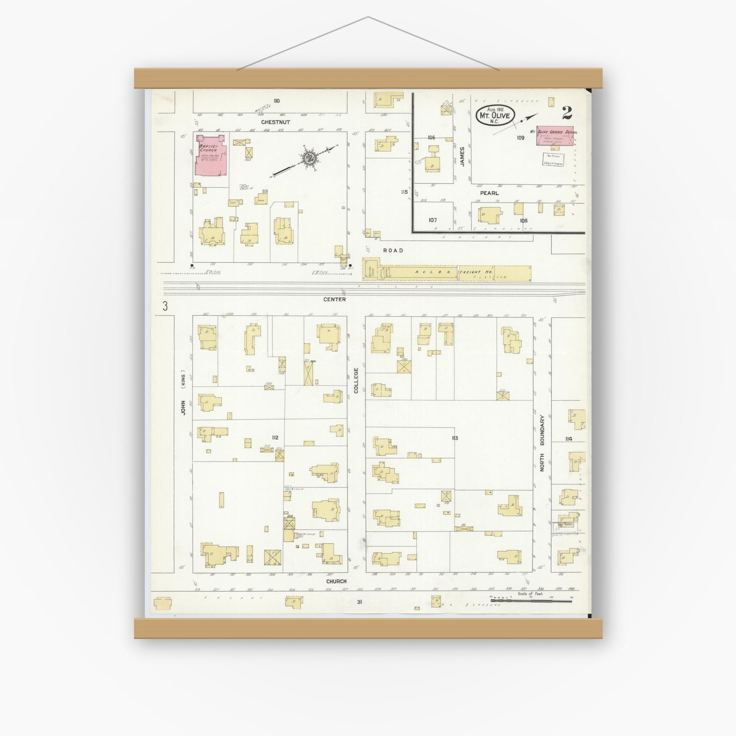 Old map wall art mockup — magnetic wood frame on white wall — Sanborn Fire Insurance Map from Mount Olive, Wayne County, North Carolina (1912), Sheet #0002