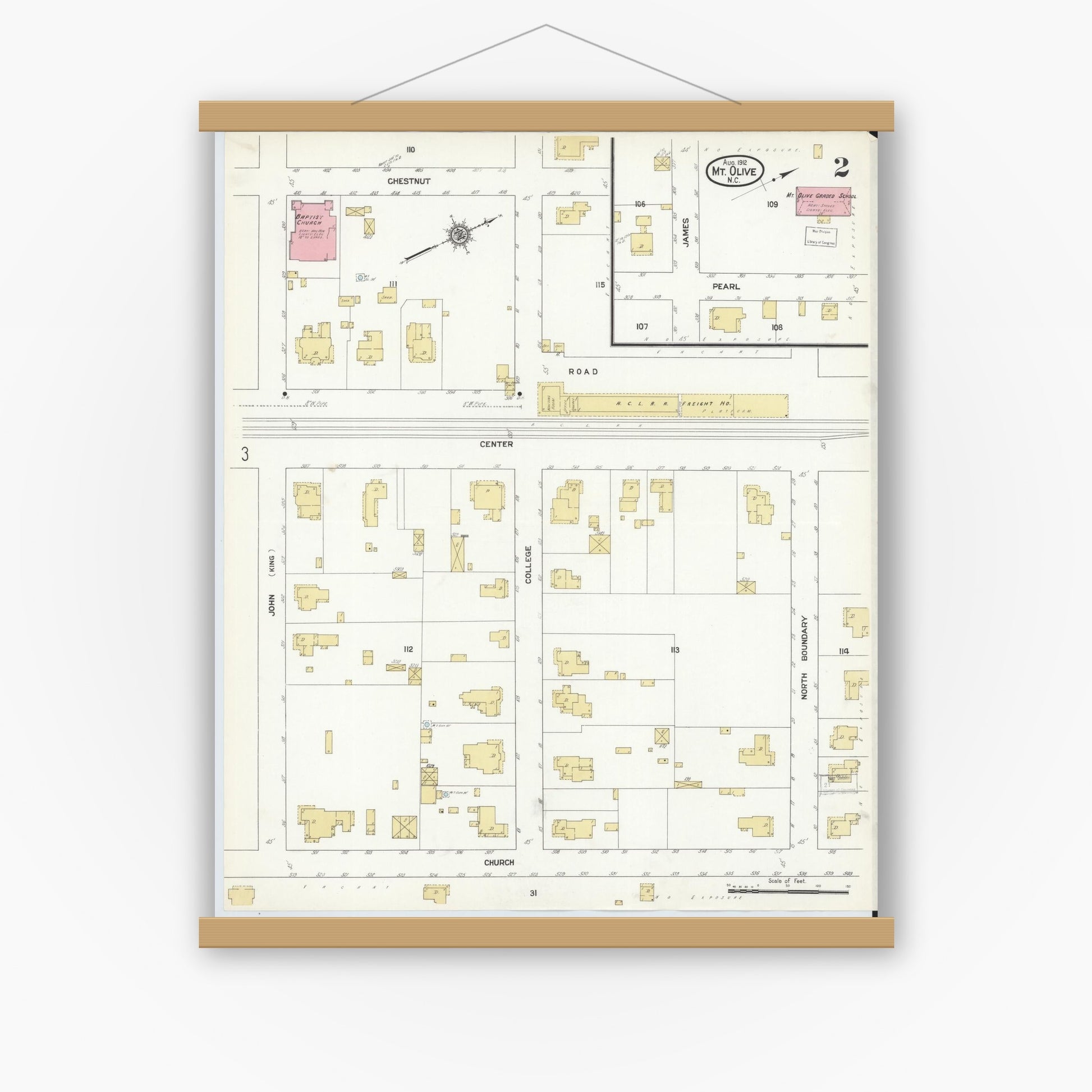 Old map wall art mockup — magnetic wood frame on white wall — Sanborn Fire Insurance Map from Mount Olive, Wayne County, North Carolina (1912), Sheet #0002