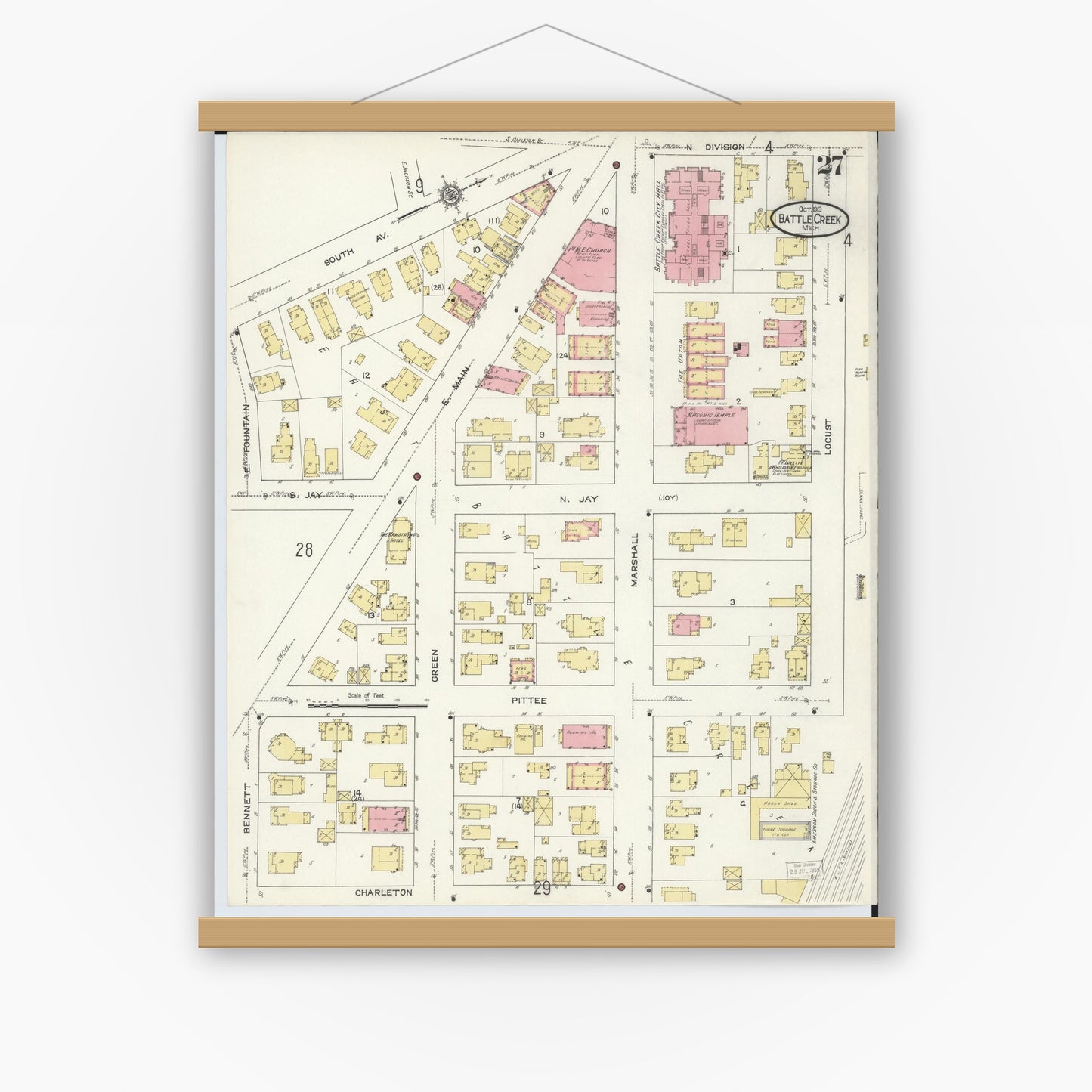 Old map wall art mockup — magnetic wood frame on white wall — Sanborn Fire Insurance Map from Battle Creek, Calhoun County, Michigan (1913), Sheet #0027
