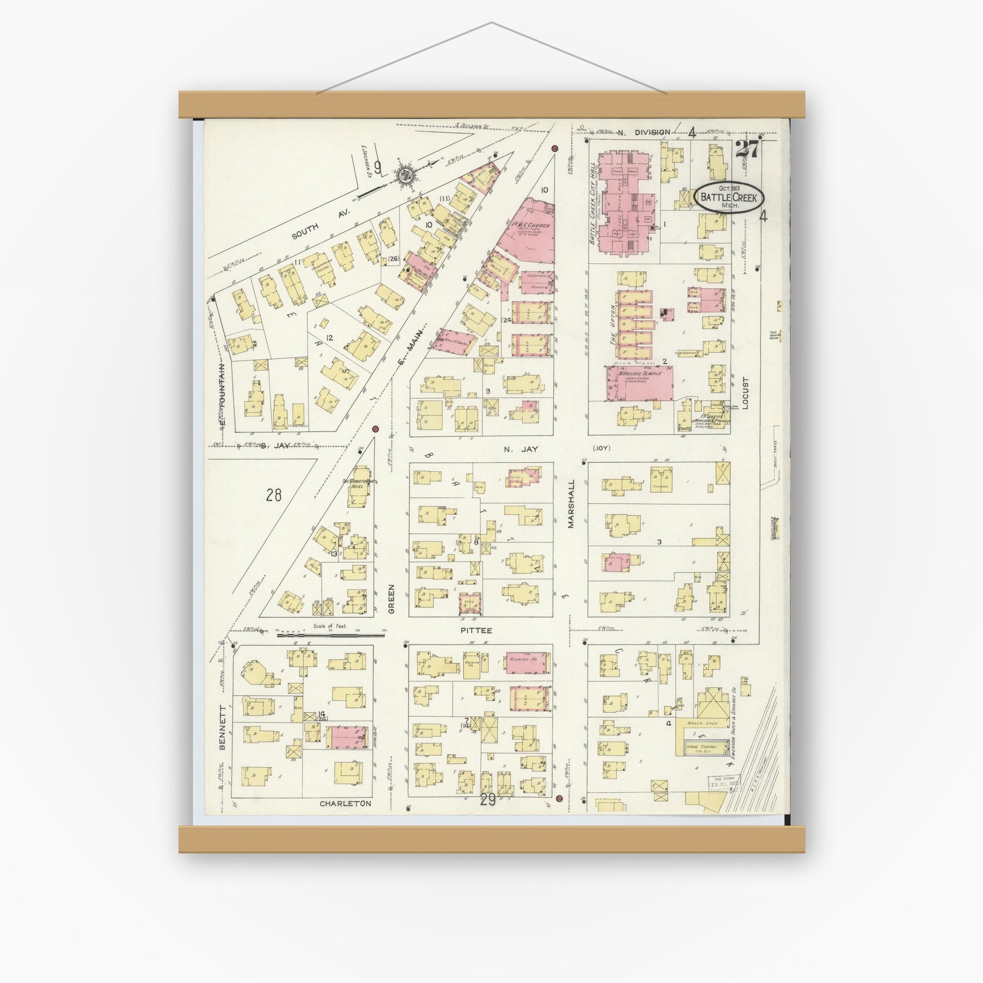 Old map wall art mockup — magnetic wood frame on white wall — Sanborn Fire Insurance Map from Battle Creek, Calhoun County, Michigan (1913), Sheet #0027