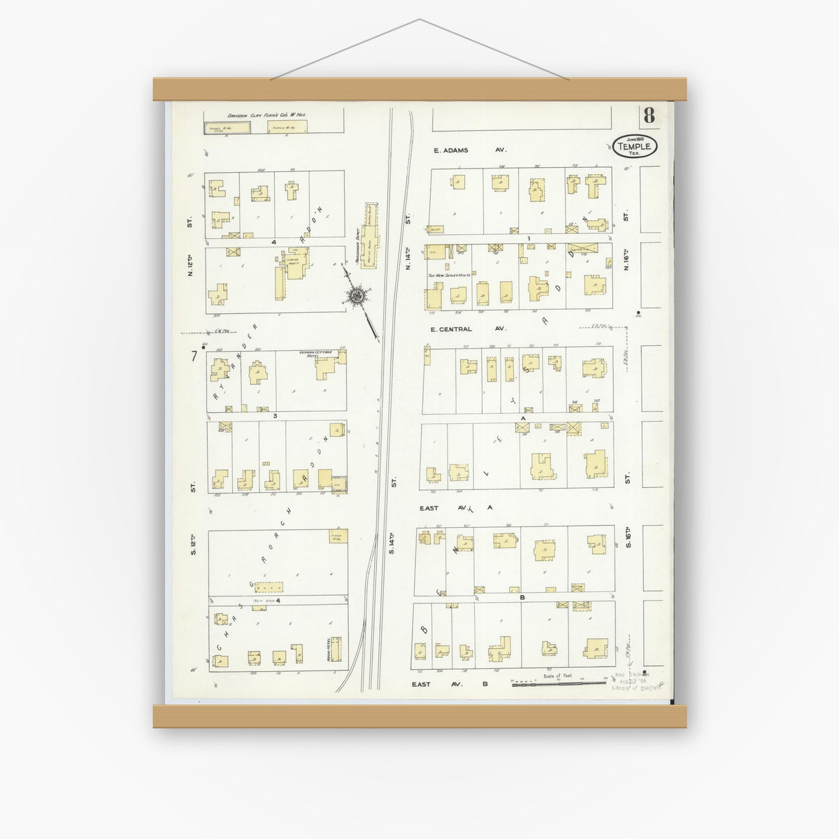 Old map wall art mockup — magnetic wood frame on white wall — Sanborn Fire Insurance Map from Temple, Bell County, Texas (1910), Sheet #0008