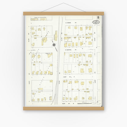 Old map wall art mockup — magnetic wood frame on white wall — Sanborn Fire Insurance Map from Temple, Bell County, Texas (1910), Sheet #0008