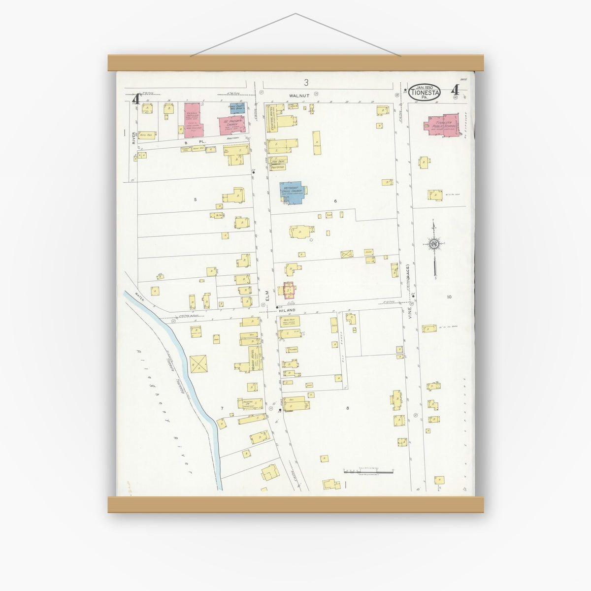 Old map wall art mockup — magnetic wood frame on white wall — Sanborn Fire Insurance Map from Tionesta, Forest County, Pennsylvania (1930), Sheet #0004