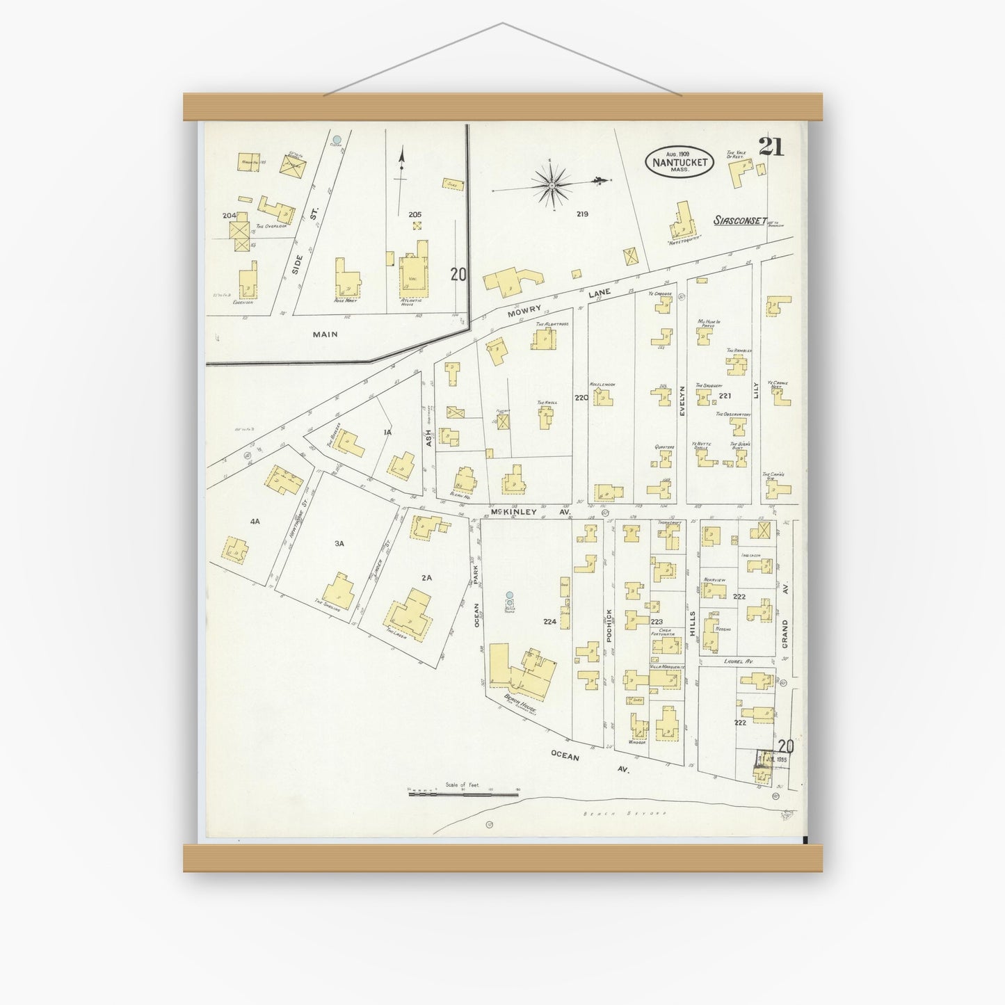 Old map wall art mockup — magnetic wood frame on white wall — Sanborn Fire Insurance Map from Nantucket, Nantucket County, Massachusetts (1909), Sheet #0021