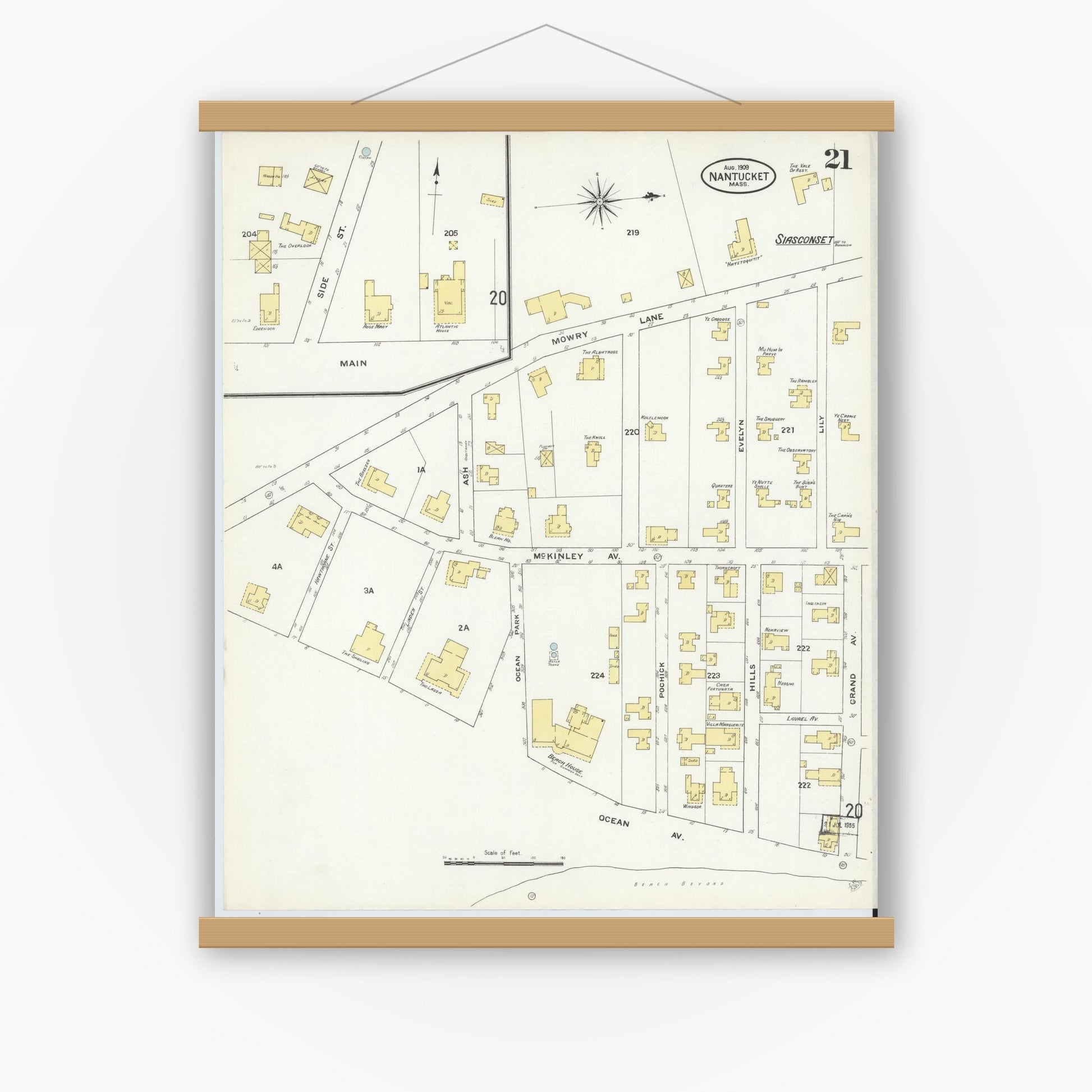 Old map wall art mockup — magnetic wood frame on white wall — Sanborn Fire Insurance Map from Nantucket, Nantucket County, Massachusetts (1909), Sheet #0021