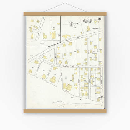 Old map wall art mockup — magnetic wood frame on white wall — Sanborn Fire Insurance Map from Nantucket, Nantucket County, Massachusetts (1909), Sheet #0021
