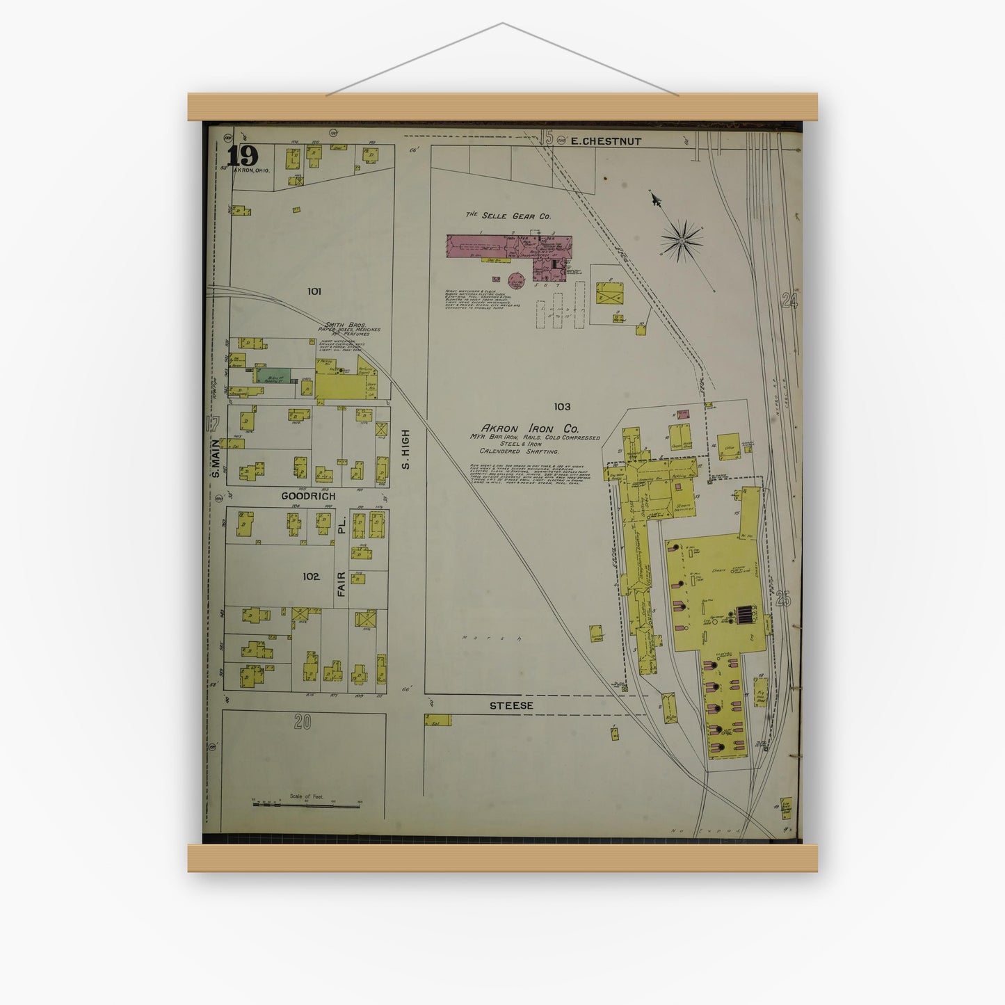 Old map wall art mockup — magnetic wood frame on white wall — Sanborn Fire Insurance Map from Akron, Summit County, Ohio (1892), Sheet #0019