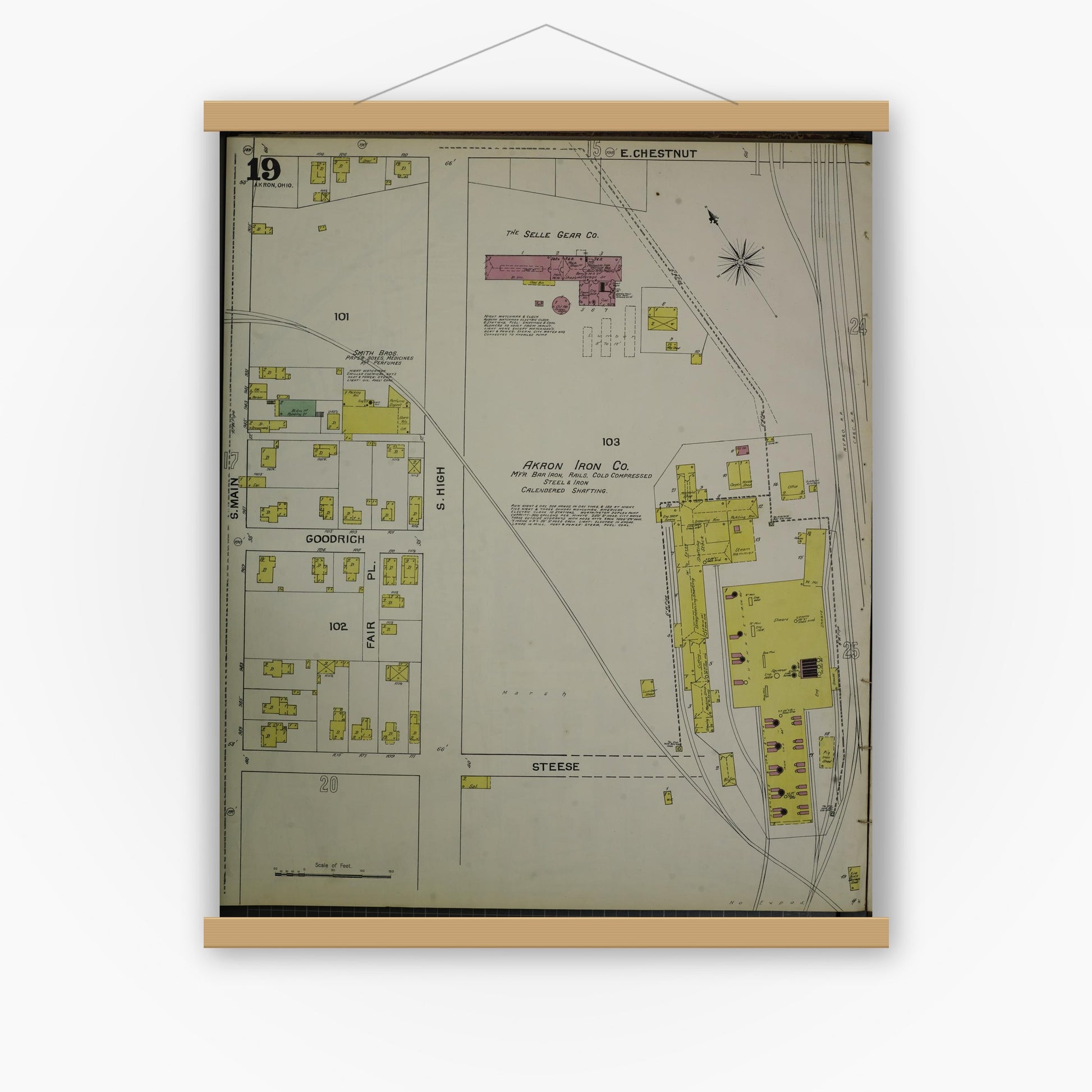 Old map wall art mockup — magnetic wood frame on white wall — Sanborn Fire Insurance Map from Akron, Summit County, Ohio (1892), Sheet #0019