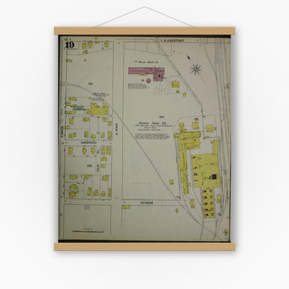 Old map wall art mockup — magnetic wood frame on white wall — Sanborn Fire Insurance Map from Akron, Summit County, Ohio (1892), Sheet #0019
