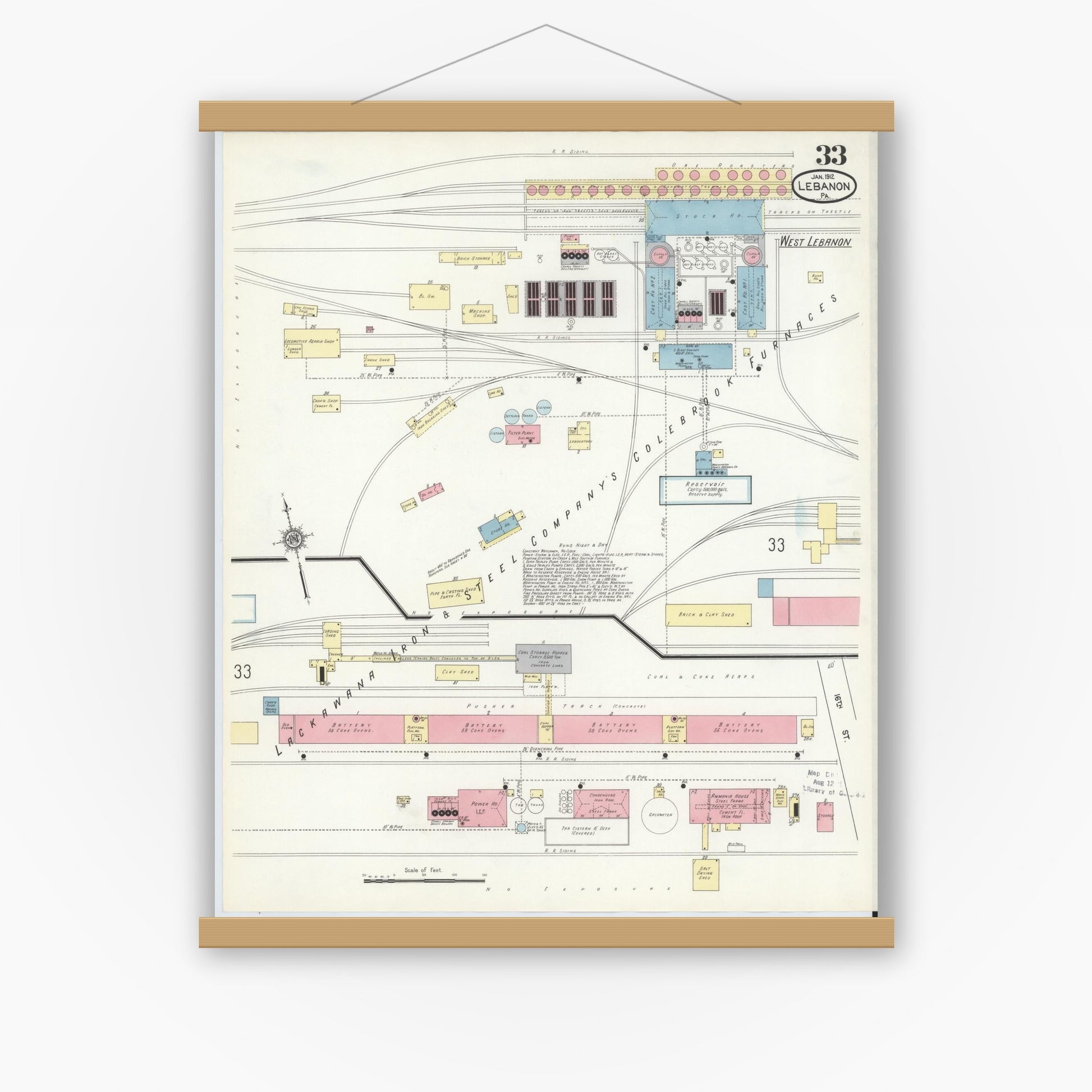 Old map wall art mockup — magnetic wood frame on white wall — Sanborn Fire Insurance Map from Lebanon, Lebanon County, Pennsylvania (1912), Sheet #0033