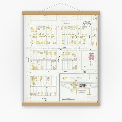 Old map wall art mockup — magnetic wood frame on white wall — Sanborn Fire Insurance Map from Spring Valley, Bureau County, Illinois (1899), Sheet #0006
