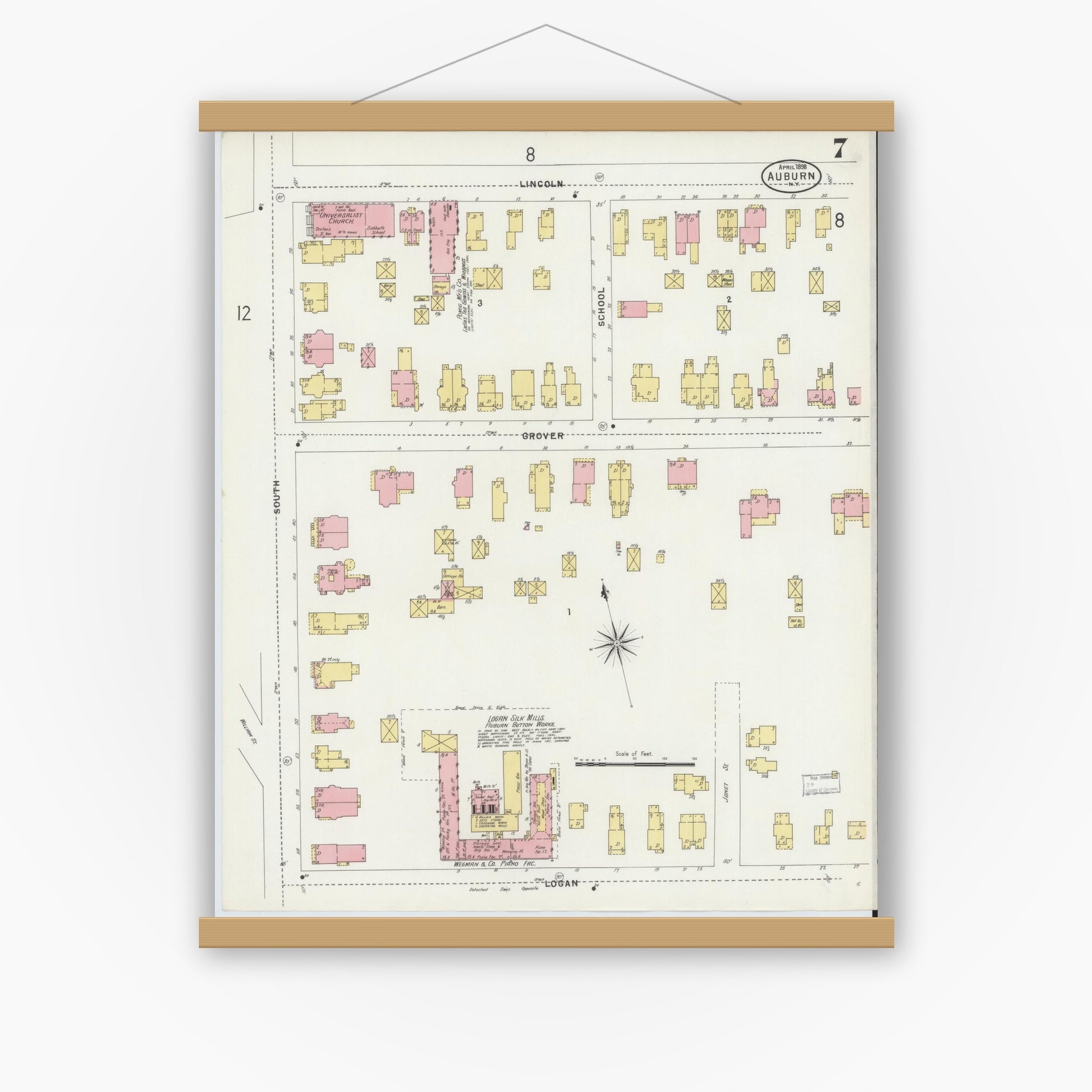 Old map wall art mockup — magnetic wood frame on white wall — Sanborn Fire Insurance Map from Auburn, Cayuga County, New York (1898), Sheet #0007