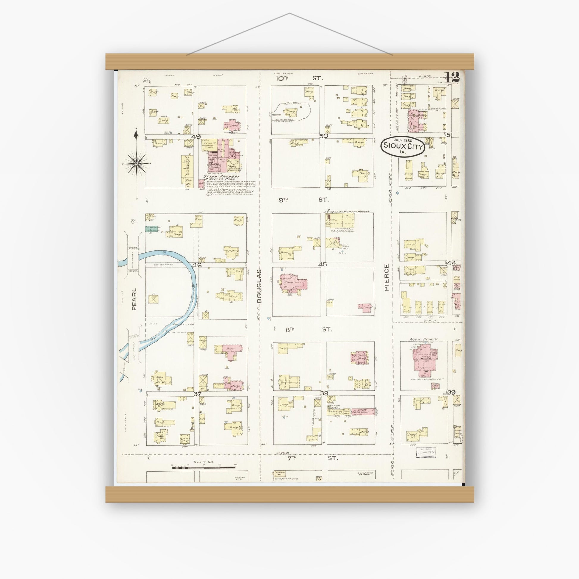 Old map wall art mockup — magnetic wood frame on white wall — Sanborn Fire Insurance Map from Sioux City, Woodbury County, Iowa (1886), Sheet #0012