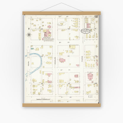 Old map wall art mockup — magnetic wood frame on white wall — Sanborn Fire Insurance Map from Sioux City, Woodbury County, Iowa (1886), Sheet #0012